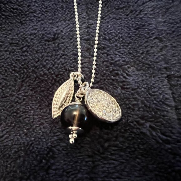 LOFT Silver Tone Charm Necklace w/Black Bead, Rhinestone Disk - 16 -18 inc… - Picture 4 of 4